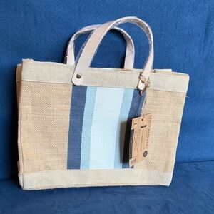 Neutral Jute Tote with Blue Stripe Detail - Unbranded